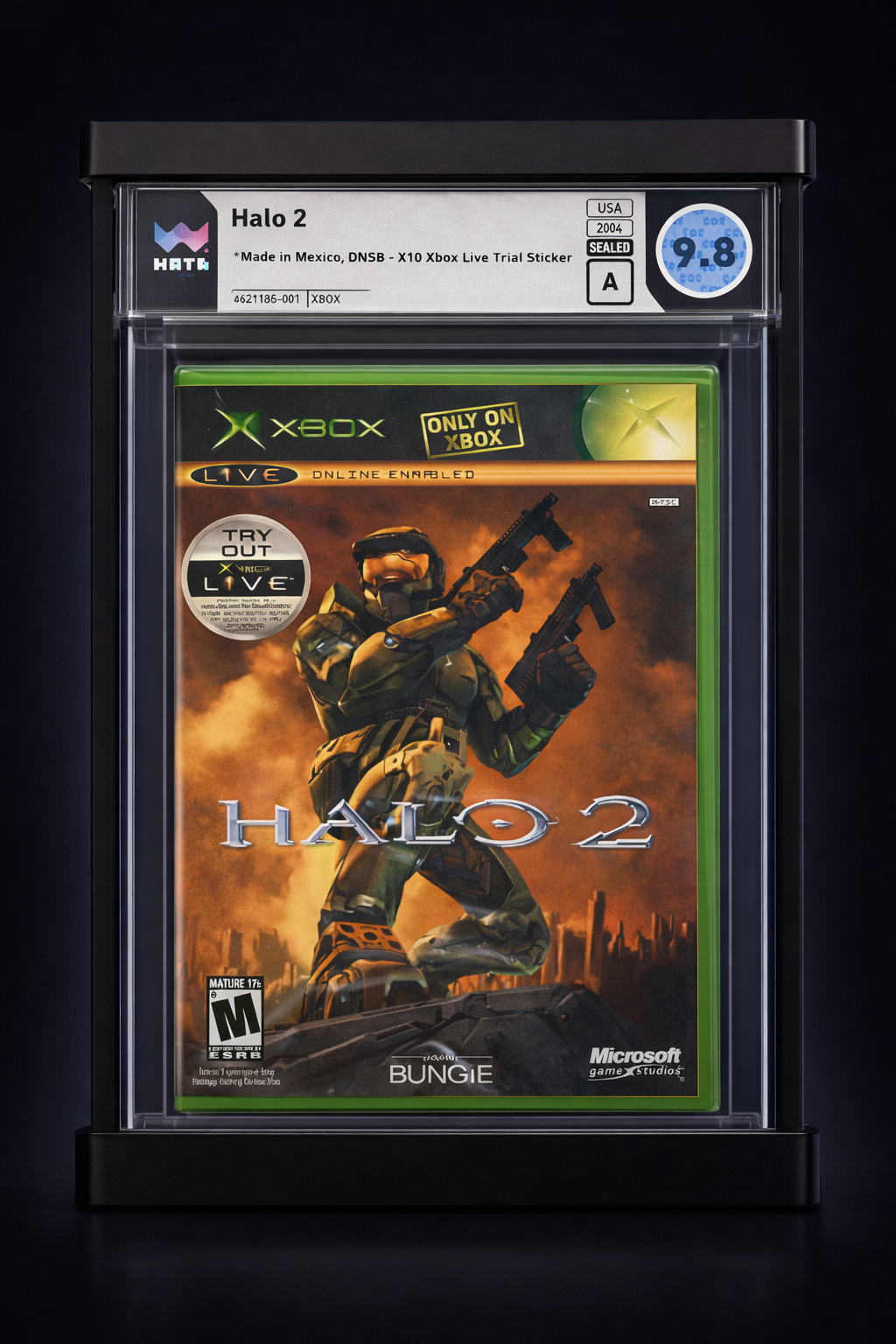 Graded Collection display frames mounted on wall showing five graded Halo games